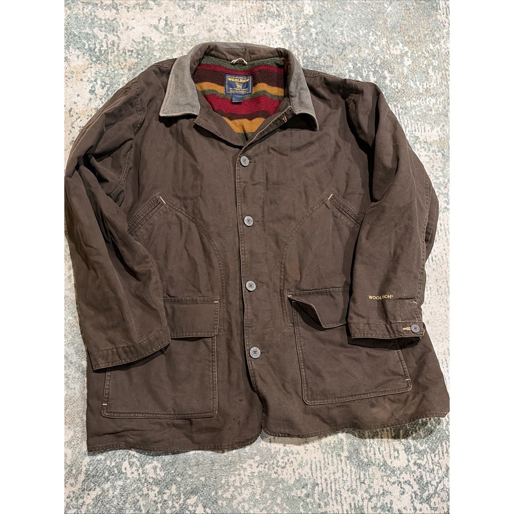 Vintage 90s Woolrich Canvas Barn Jacket Fleece Blanket Lined Chore Coat Brown 2X